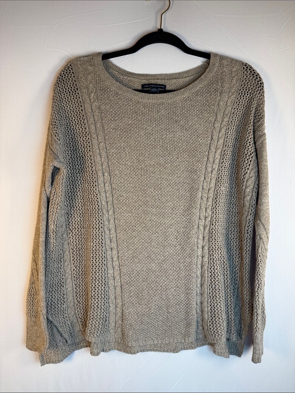 American Eagle Outfitters Taupe Cable Knit Crewneck Sweater